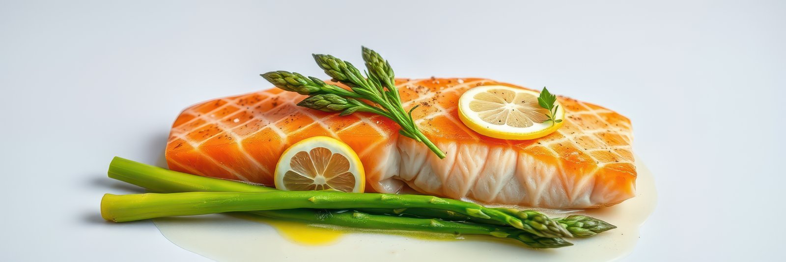 A grilled salmon fillet sits atop a bed of asparagus with lemon slices for a light and healthy meal